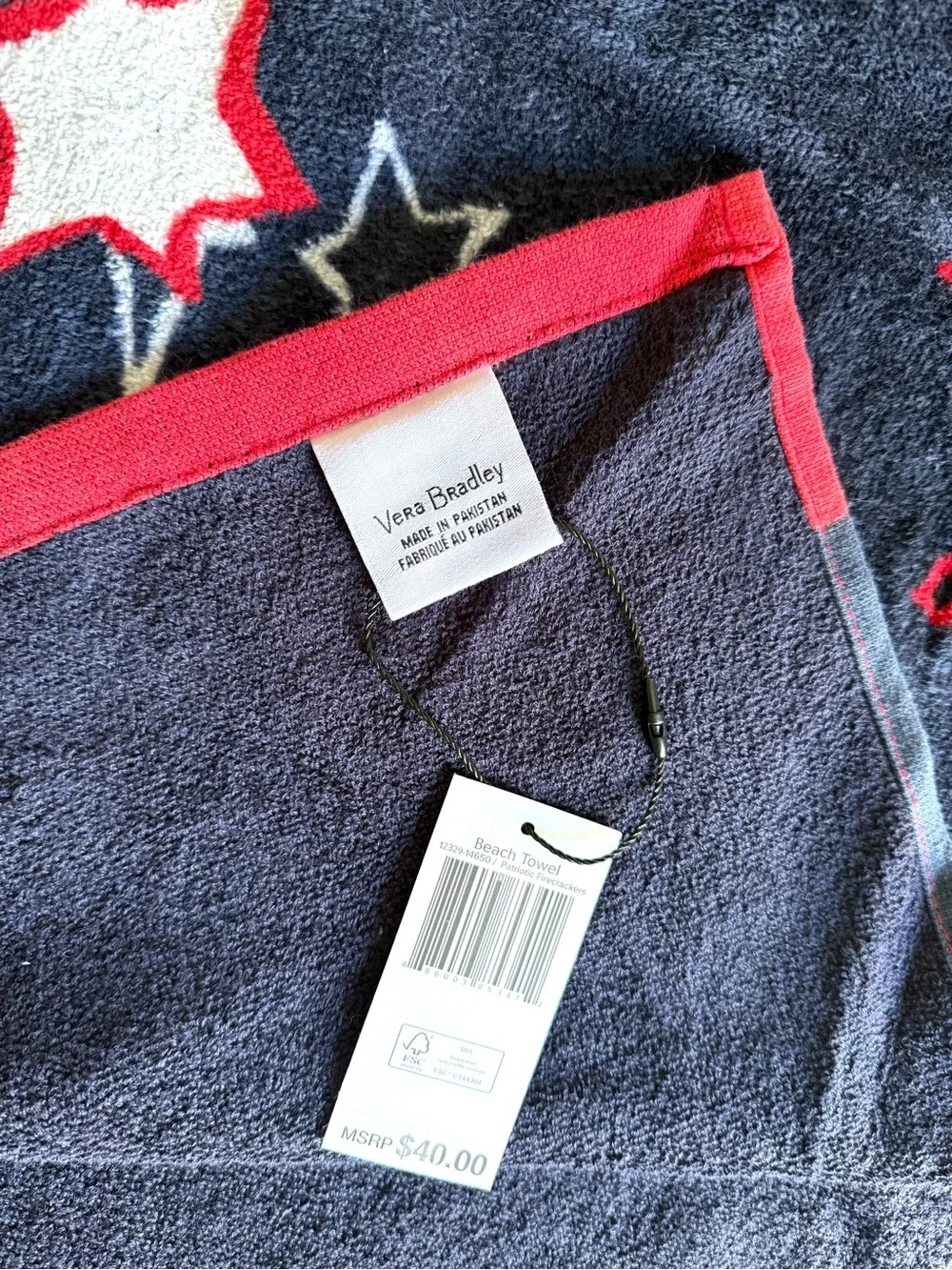 NWT Vera Bradley Patriotic Firecrackers Beach Towel Retired 2012 Red White Blue